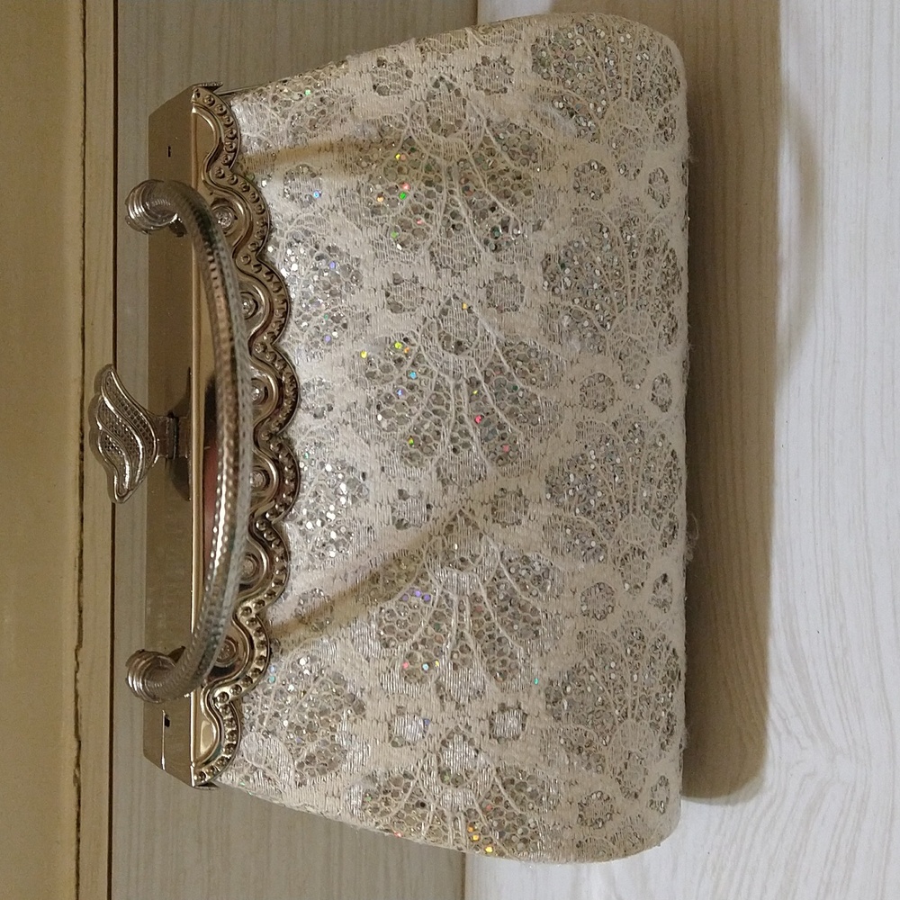 Wedding/Prom Clutch Bag with Corded White Lace, Rhinestones & Iridescent Sequins